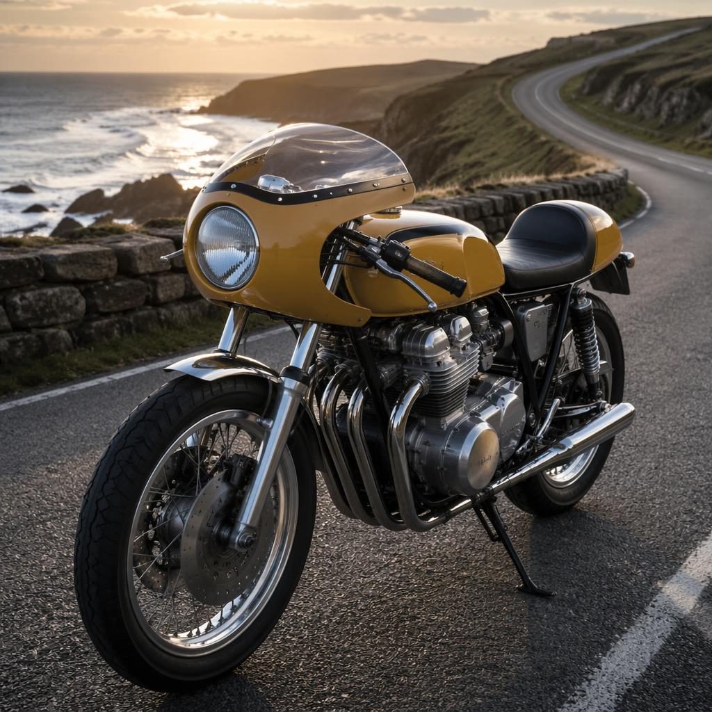 Vintage cafe racer z 50. let se žlutou nádrží, pohled zepředu ze tří čtvrtin na pobřežní silnici