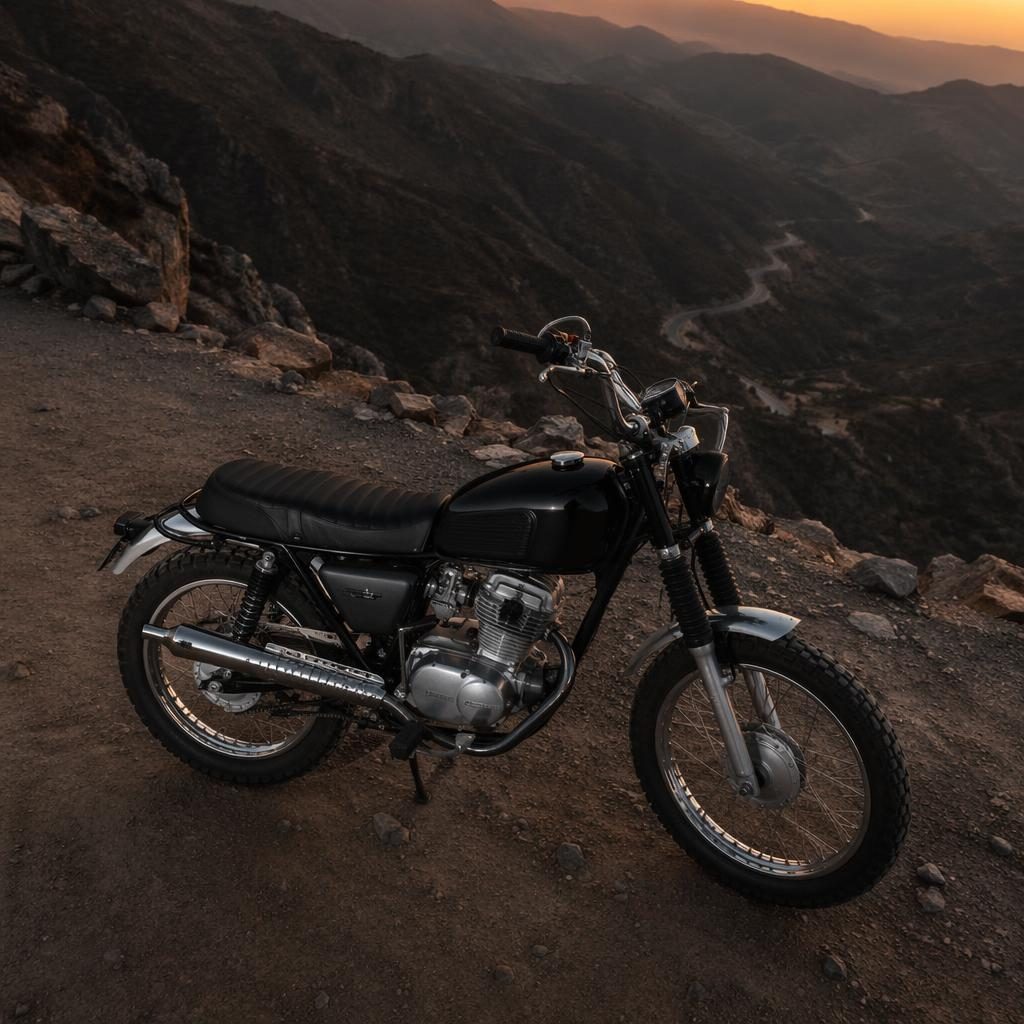 Černý scrambler z 50. let focený shora na horské silnici za soumraku, s ostrými odlesky kovu.