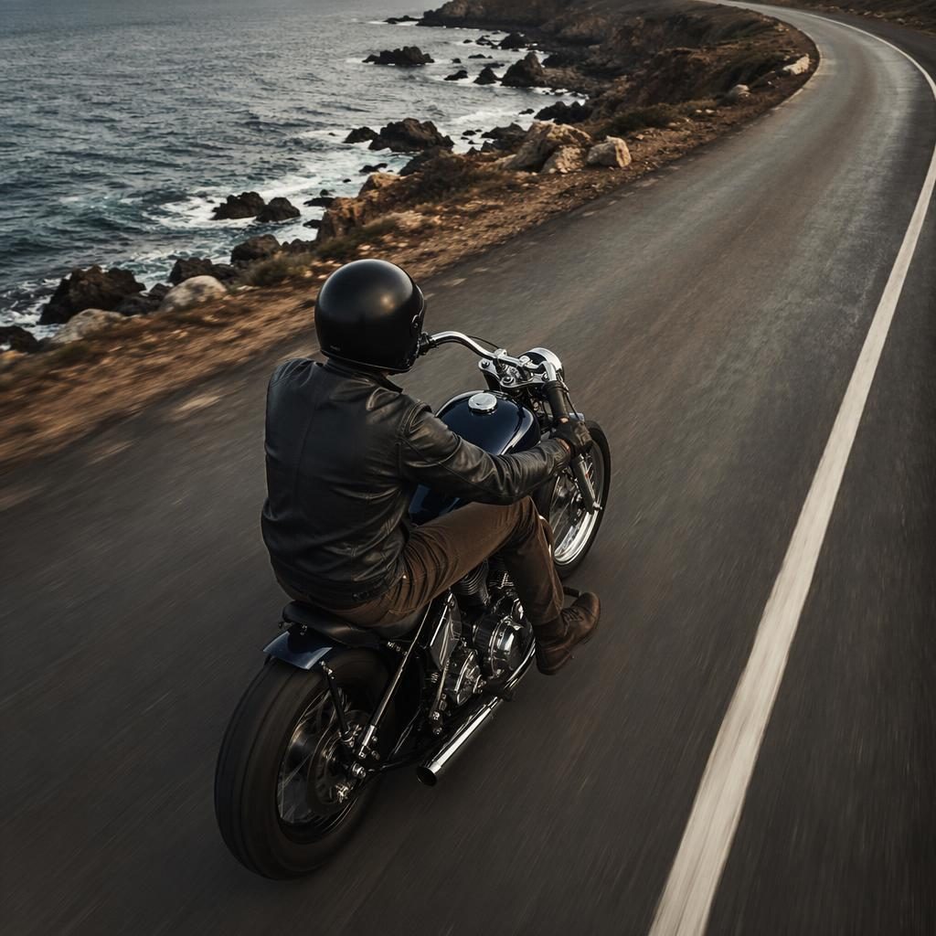 Overhead view of a midnight blue vintage motorcycle on a coastal highway with cinematic lighting and sharp reflections.