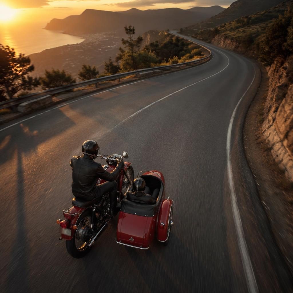 Overhead view of a red 1990s-style sidecar tourer on a mountain road at dusk, with cinematic lighting and sharp reflections.
