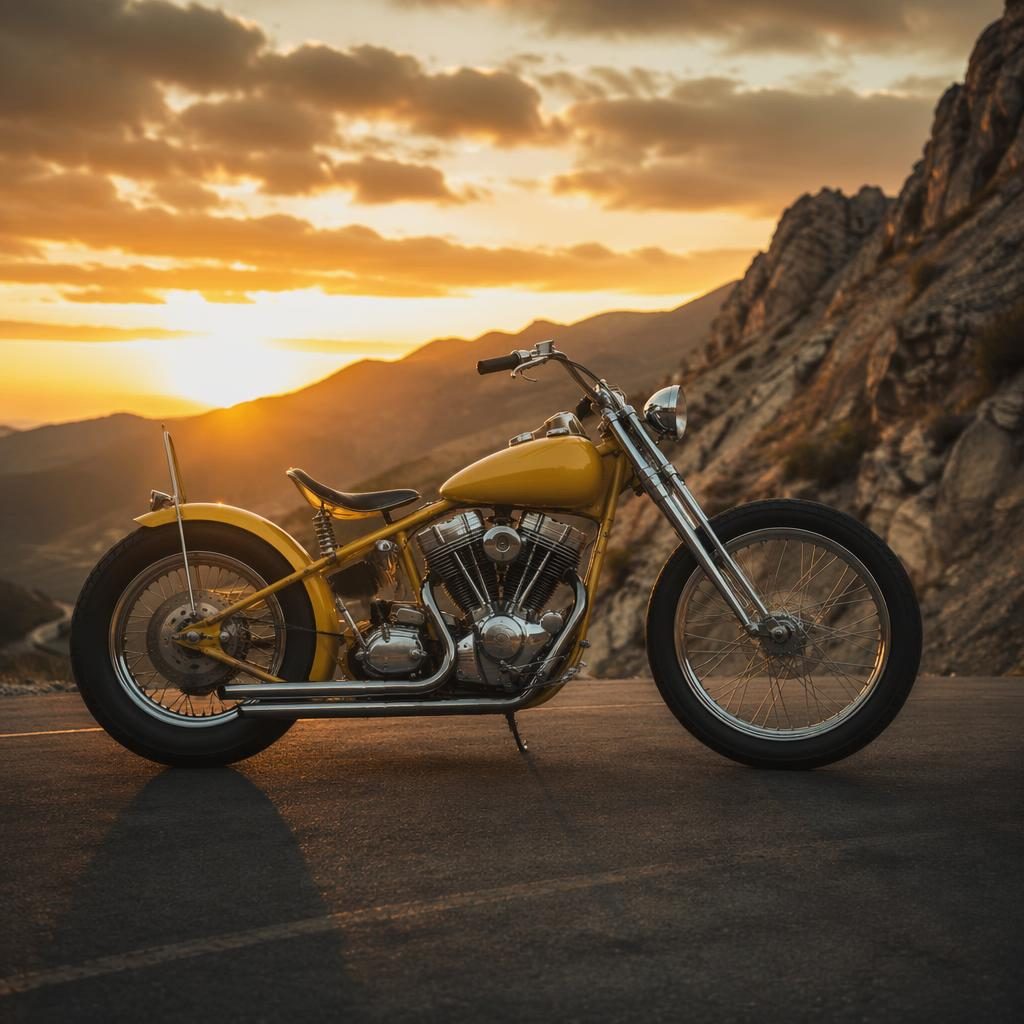 Side profile of a generic vintage board track racer motorcycle on a mountain road at dusk, mustard yellow tank.