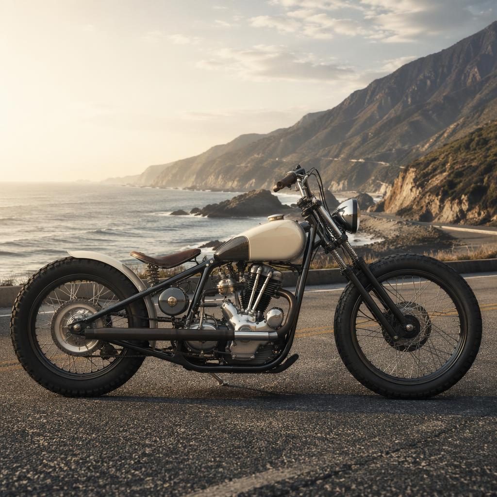 Side-profile retro futurist bobber motorcycle with cream tank on a coastal highway, cinematic poster lighting.