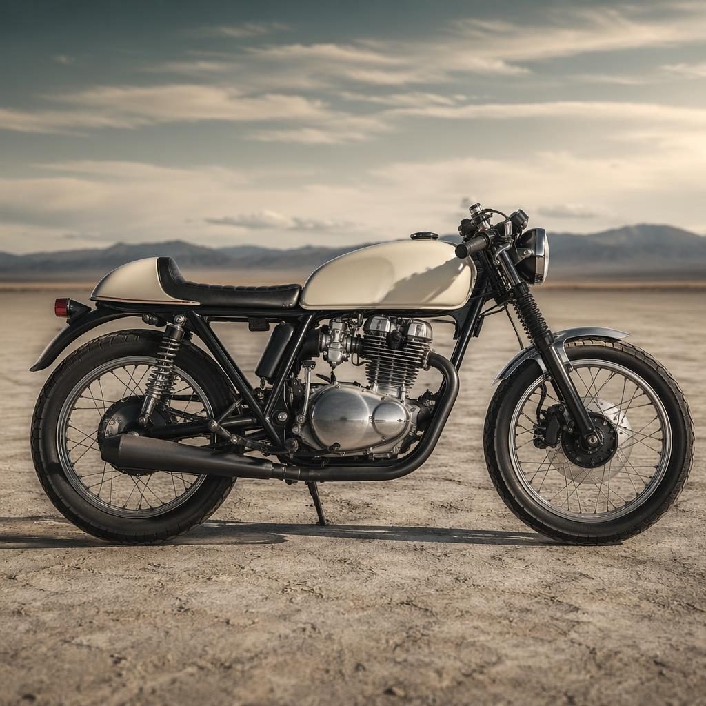 Krémový retro motocykl ve stylu cafe racer, boční profil na pouštní pláni, filmové světlo a lesklé kovové detaily.