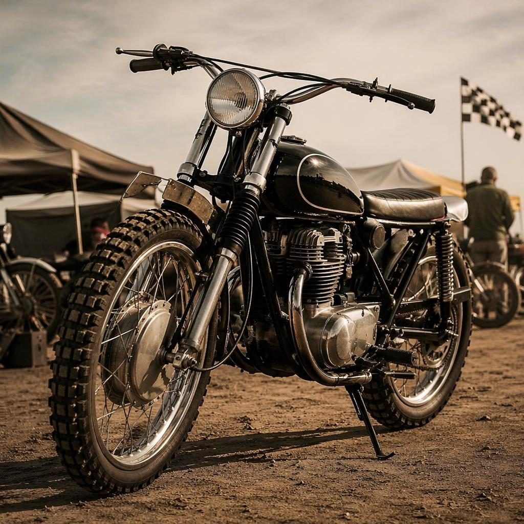 Low-angle view of a 1950s-style black scrambler motorcycle in a race paddock with cinematic lighting