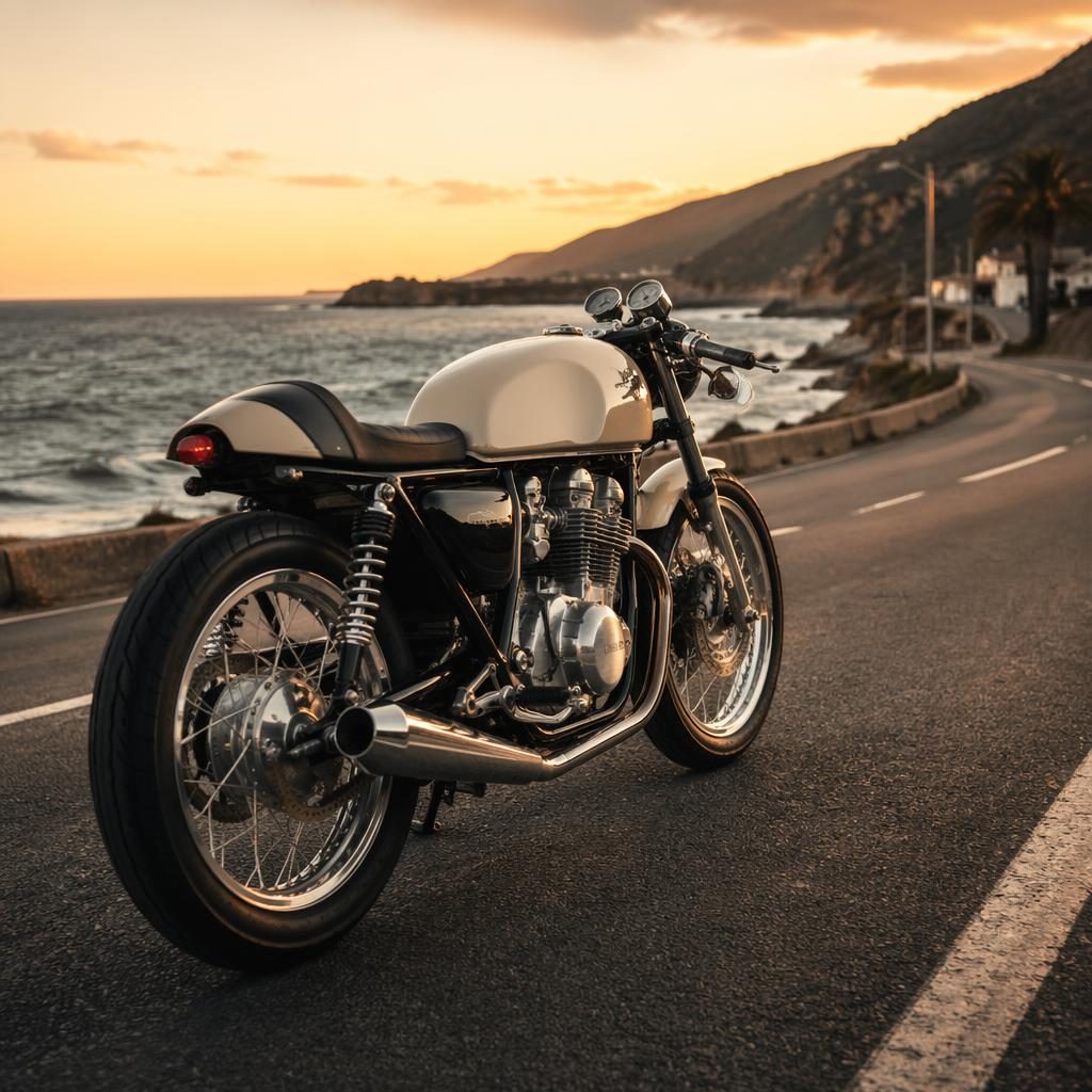 Cream 1960s-style cafe racer motorcycle from rear three-quarter view on a coastal highway at sunset