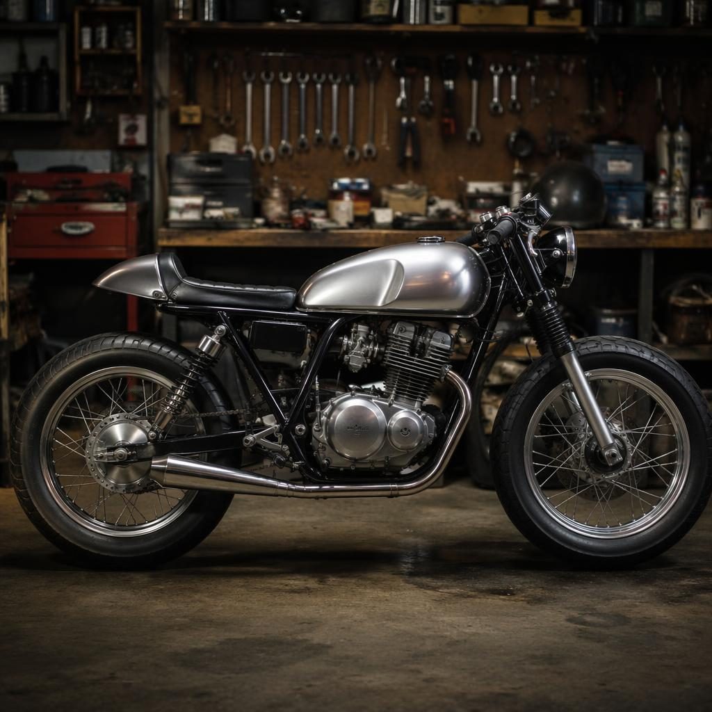 Vintage motocykl board track racer z 20. let, boční profil, stříbrná nádrž, v dílně s filmovým světlem.