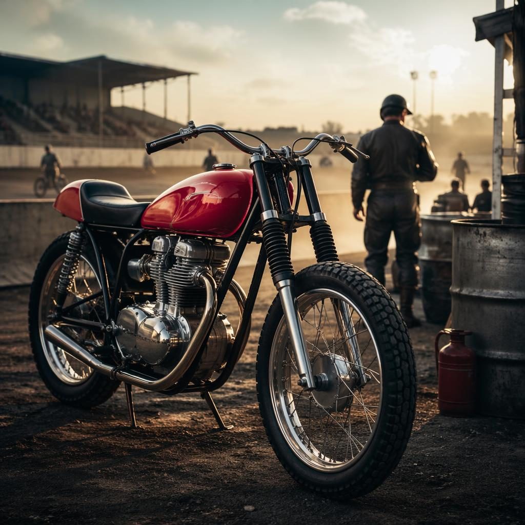 Vintage-style red flat track cafe racer motorcycle in a race paddock, three-quarter front view with cinematic lighting