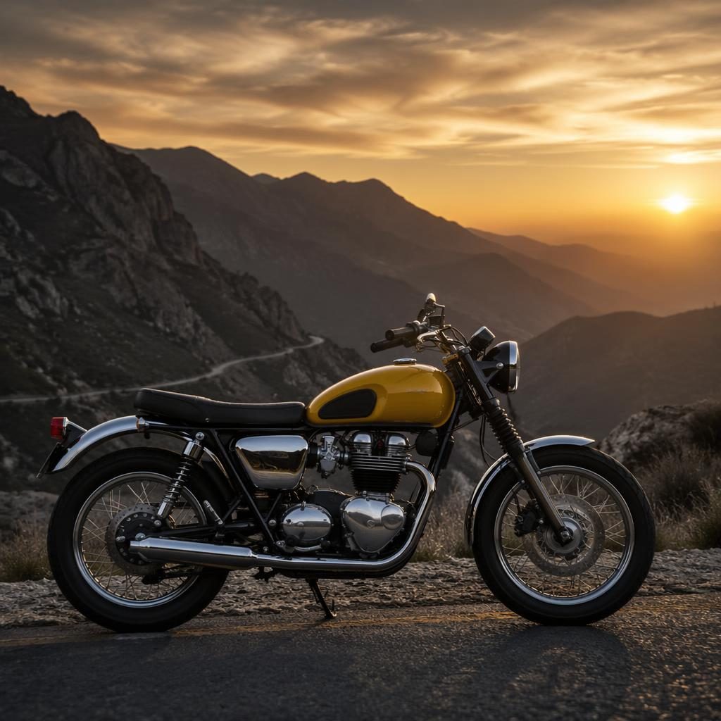 Side profile of a 1950s-style Italian scooter with mustard yellow body on a mountain road at dusk.