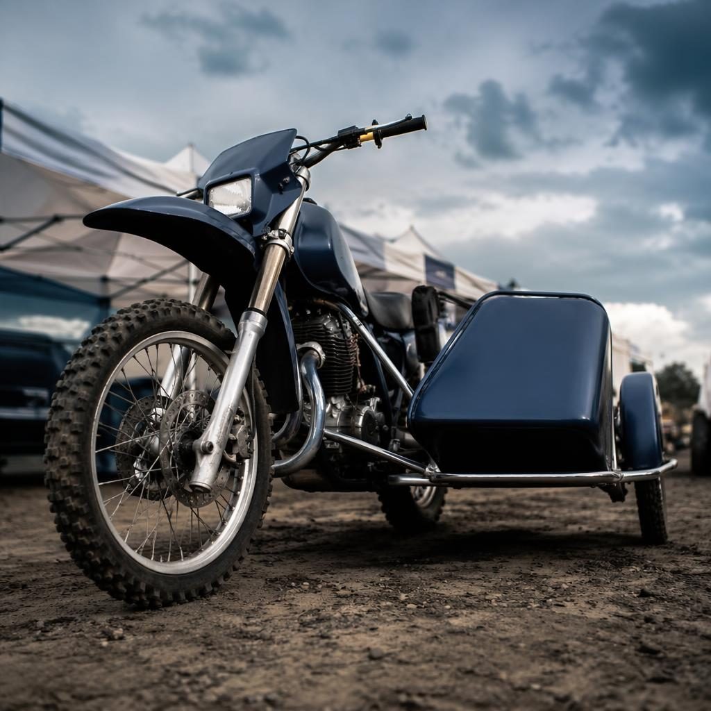 Ultra-realistic 1990s sidecar tourer motorcycle in midnight blue, shot low in a race paddock with cinematic lighting