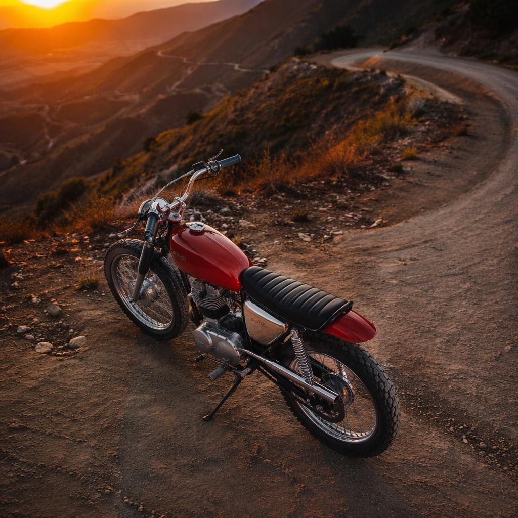 Overhead view of a 1950s-style red scrambler motorcycle on a mountain road at dusk with cinematic lighting.