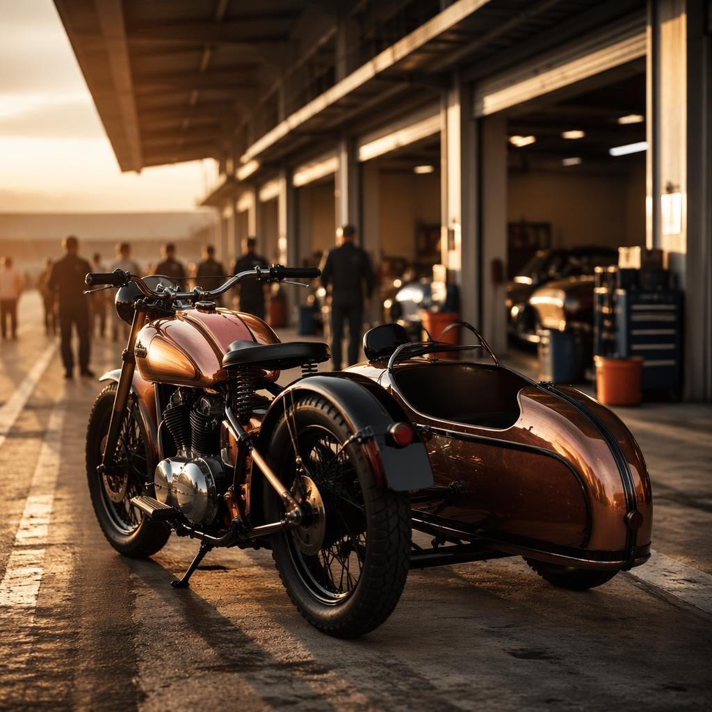 Retro-futurist vintage sidecar tourer with copper tank, shown from rear three-quarter view in a race paddock