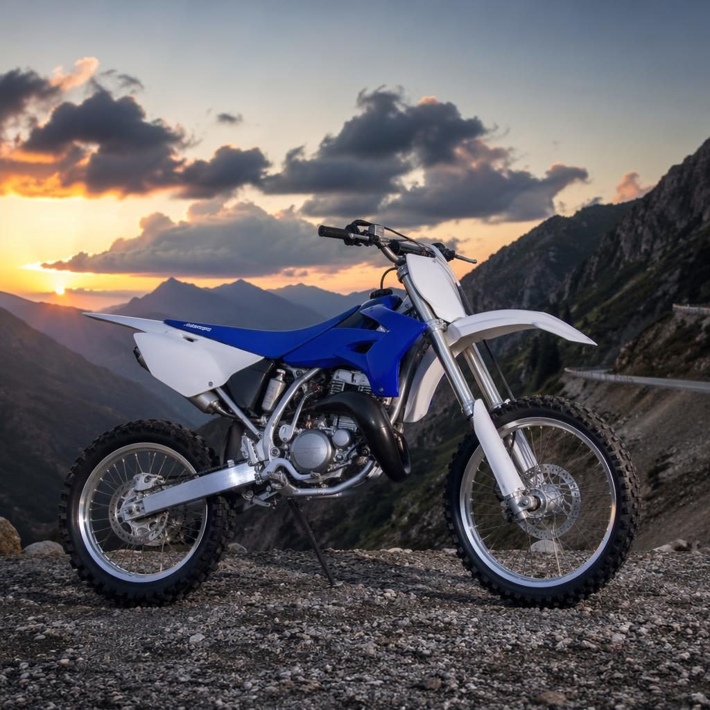 Side-profile vintage enduro motorcycle with silver tank on a mountain road at dusk, cinematic lighting, no logos