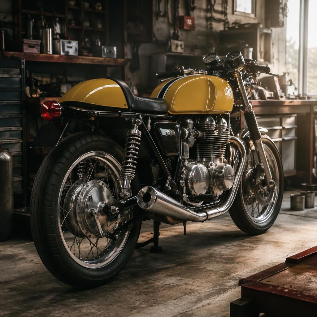 Klasický motocykl ve stylu 60. let, hořčicově žlutá nádrž, zadní tříčtvrteční pohled v dílně