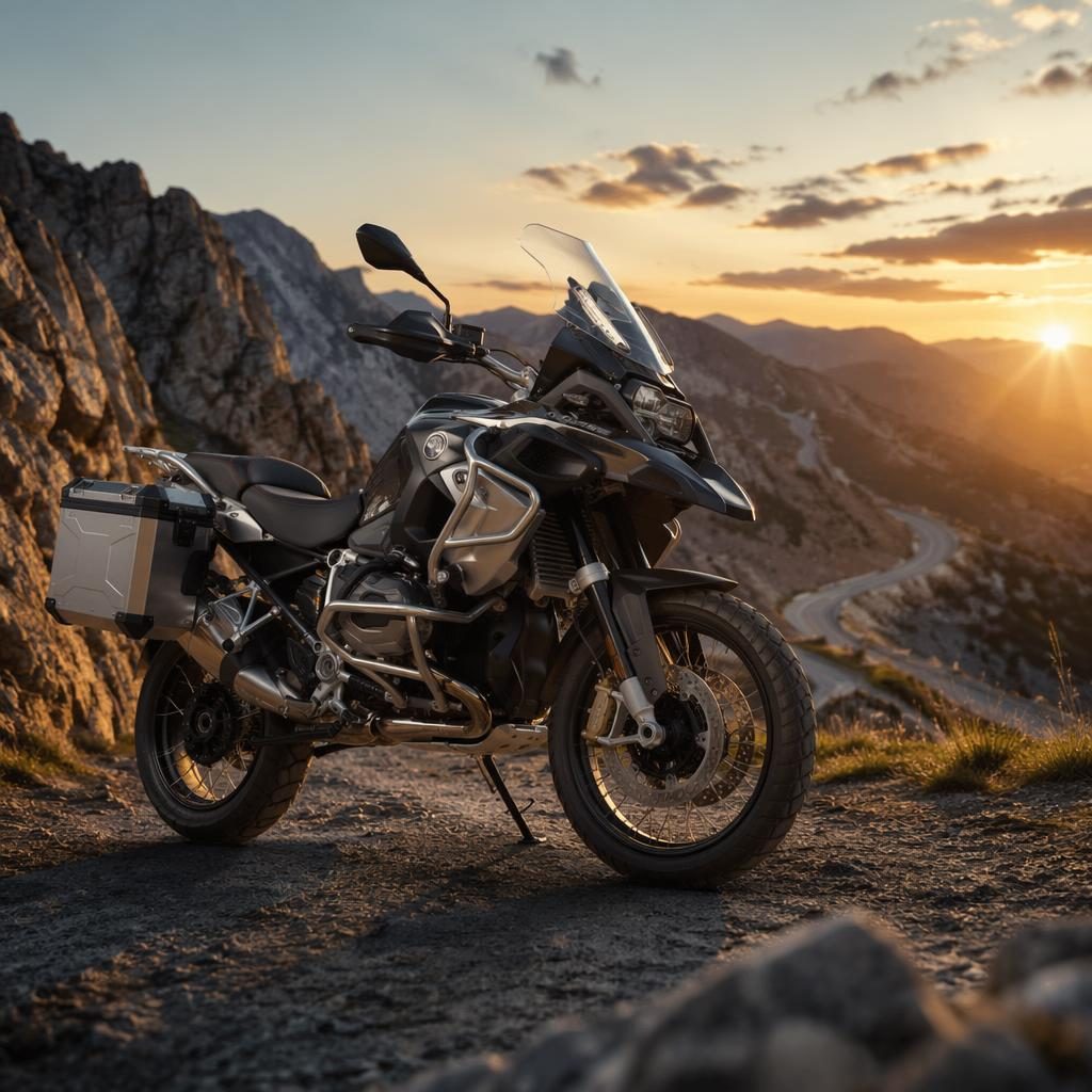 Red 1990s-style tracker motorcycle in side profile on a mountain road at dusk with cinematic lighting