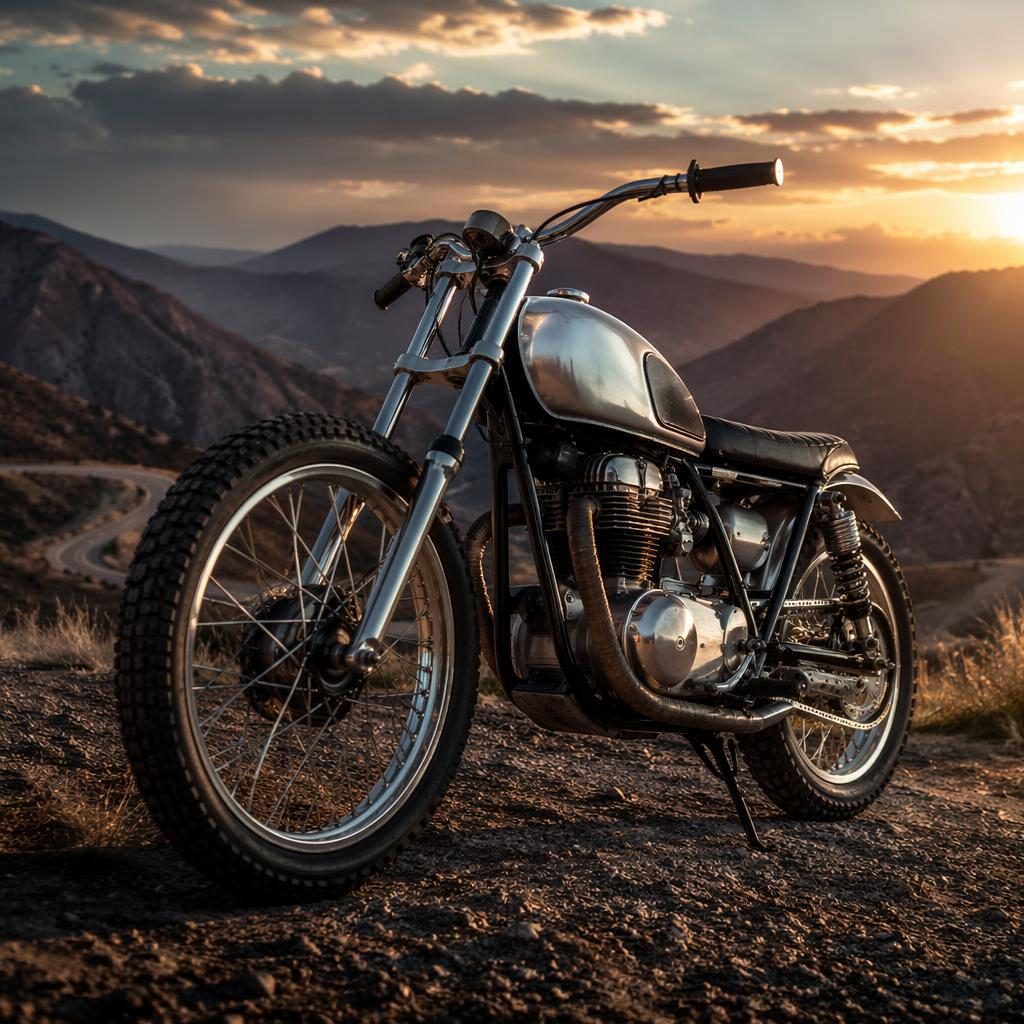 Low-angle view of a silver 1980s-style scrambler motorcycle on a mountain road at dusk with cinematic lighting