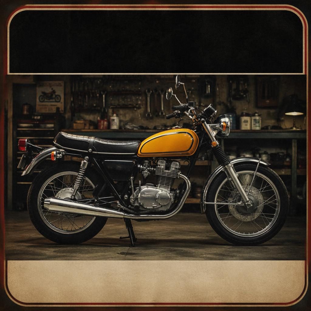 Klasyczny motocykl z lat 70. w profilu bocznym, żółty bak, warsztatowy garaż i klimat analogowego plakatu retro.