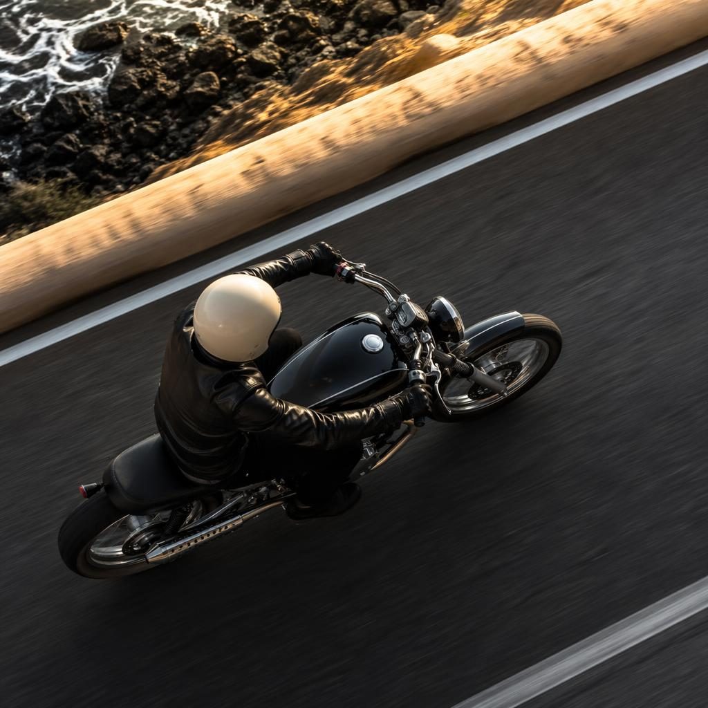 Černý vintage scrambler ve stylu 40.–50. let, focený shora na pobřežní silnici, s filmovým světlem.