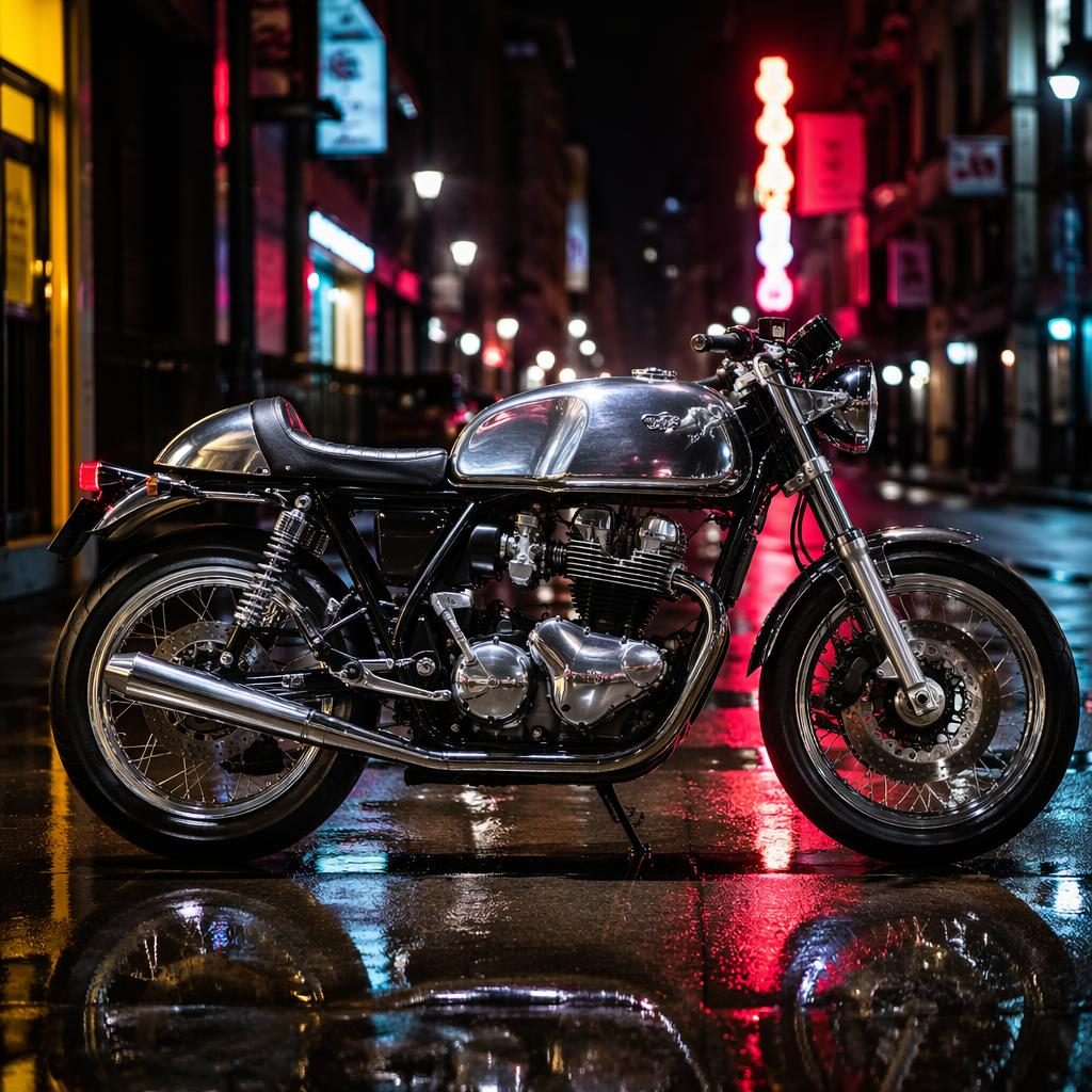 Stříbrný café racer motocykl z bočního profilu na městské neonové ulici, chrom, ostré odlesky a filmové světlo.
