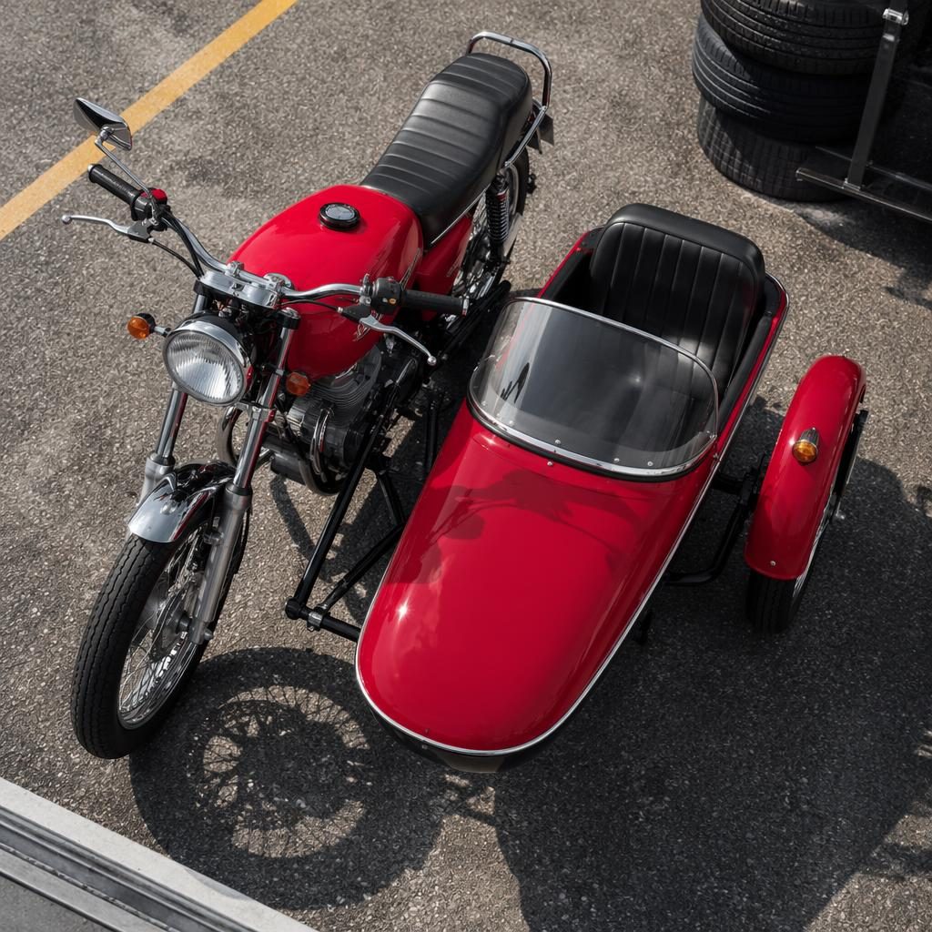 Červený retro sidecar tourer z 90. let focený shora v závodním paddocku, s lesklými kovovými odlesky.