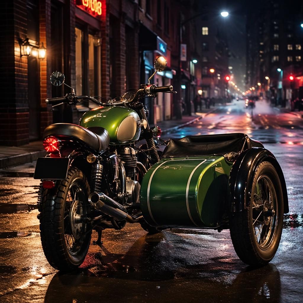 Ultra-realistic vintage sidecar touring motorcycle in british racing green on a neon-lit urban street, rear three-quarter view.