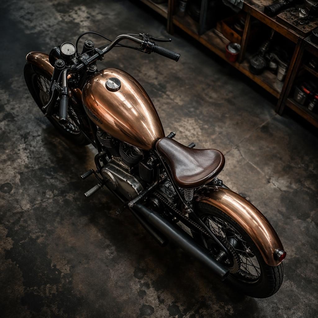 Overhead view of a retro futurist vintage sport touring motorcycle with copper tank in a workshop garage