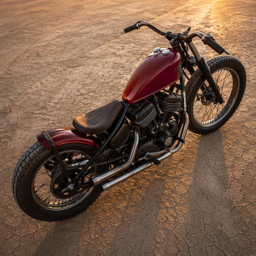 Overhead view of a 1970s-style unbranded red flat track scooter motorcycle on desert flats with cinematic lighting