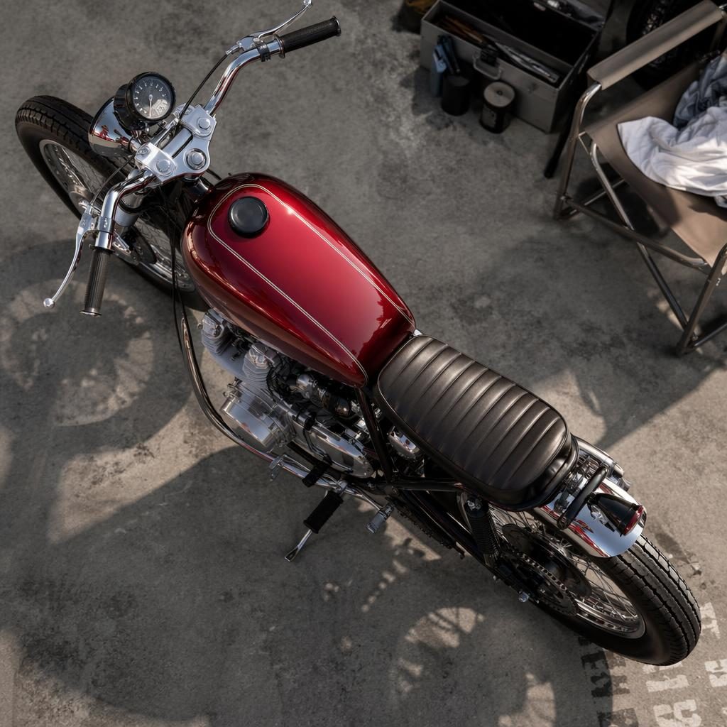 Červený retro chopper z ptačí perspektivy v závodním paddocku, s lesklou nádrží a filmovým nasvícením.