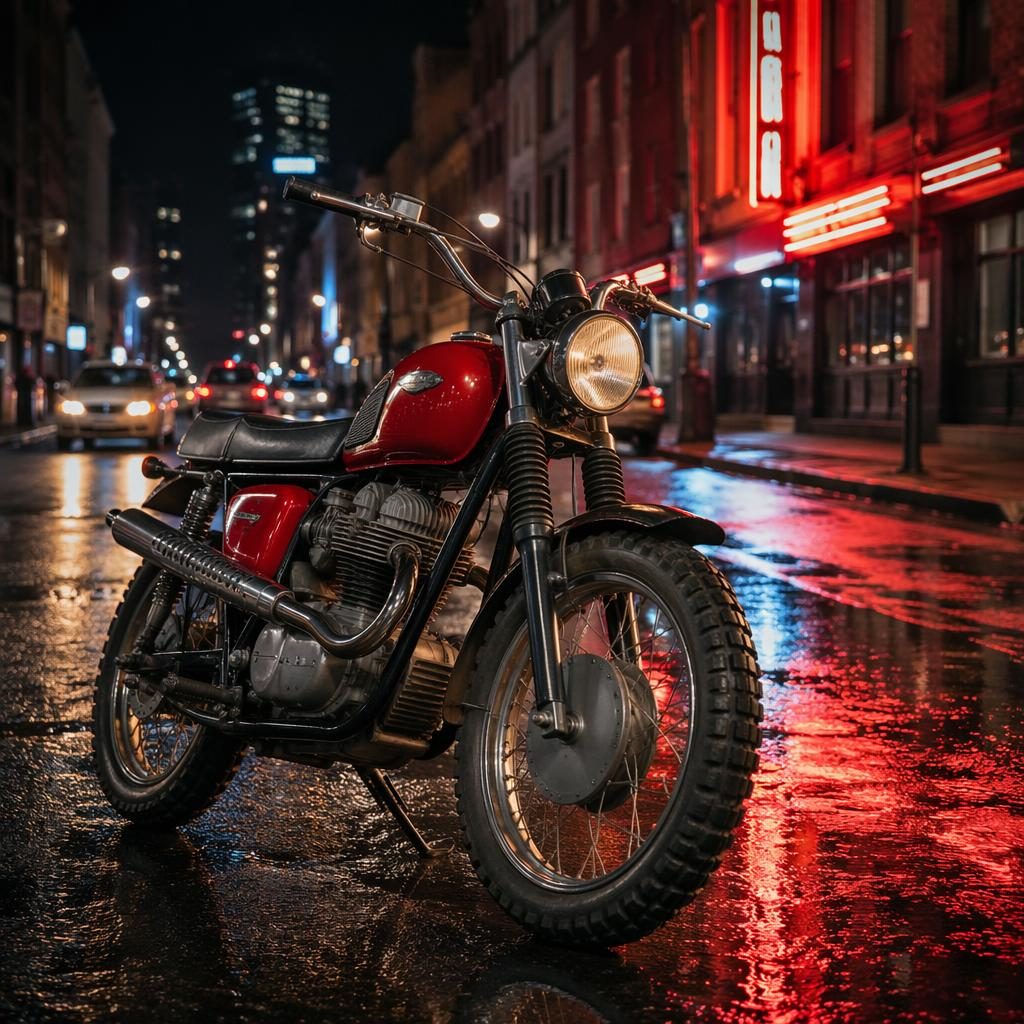 Retro motocykl ve stylu 40. let s červenou nádrží, focený zepředu ze tří čtvrtin v neonové městské ulici.
