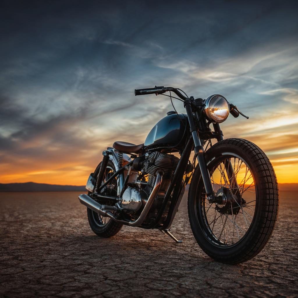 Low-angle vintage board track racer motorcycle on desert flats, midnight blue tank, cinematic lighting, sharp metal detail