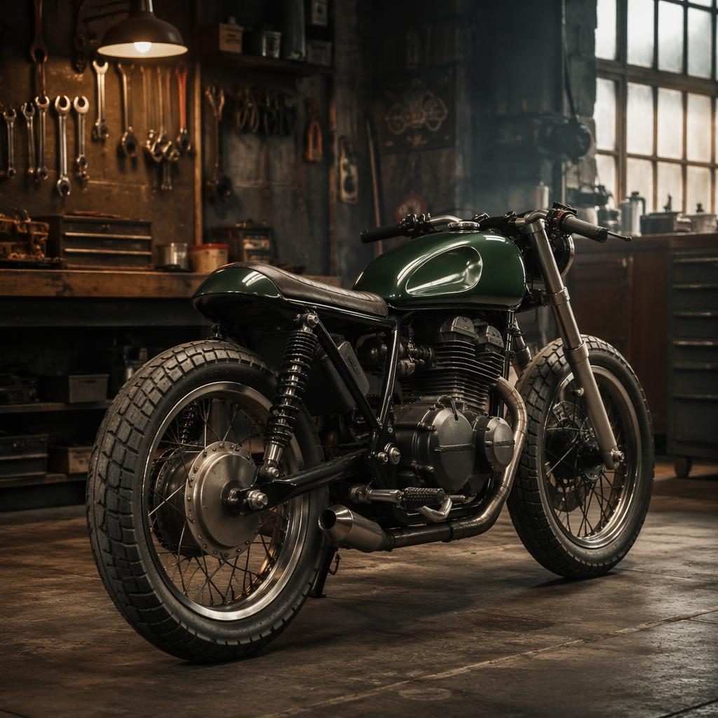 Retro futuristický bobber ve stylu flat tracker 50. let, zelená nádrž, zadní tříčtvrteční pohled v garáži.