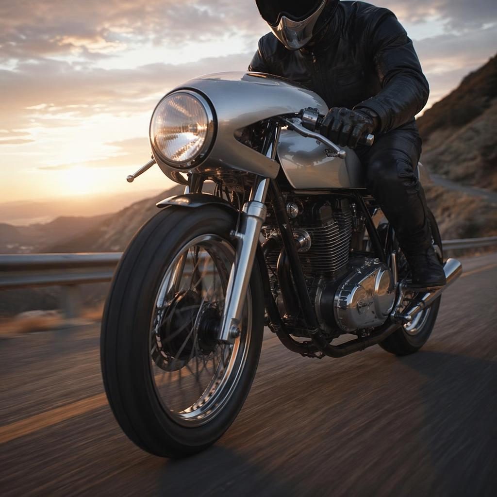 Stříbrný café racer ve stylu 60. let na horské silnici za soumraku, focený z nízkého předního úhlu.