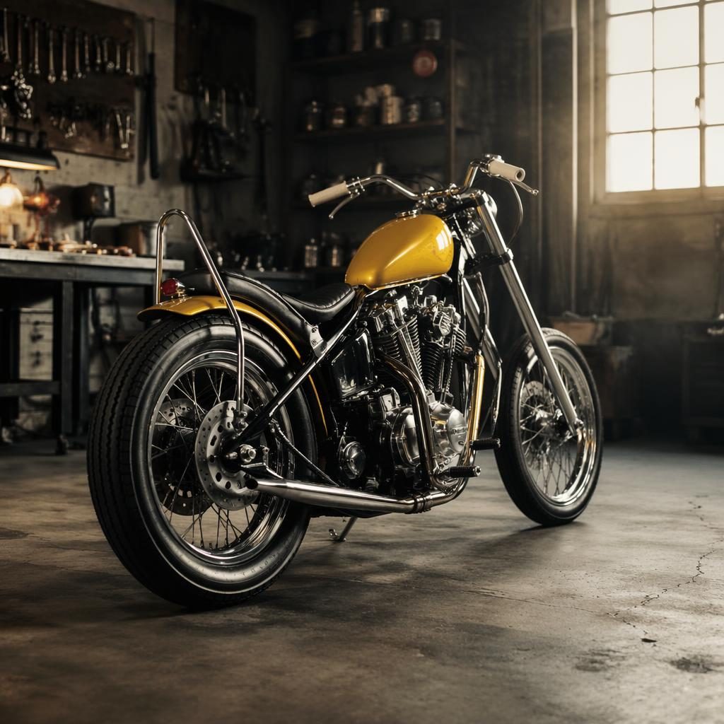 Rear three-quarter view of a mustard yellow vintage-style chopper motorcycle in a workshop garage with cinematic lighting.