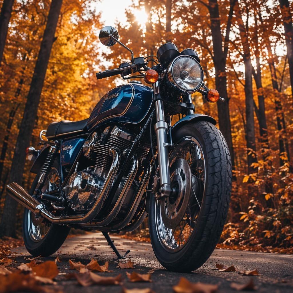 Low-angle view of a midnight blue 1970s sport touring motorcycle in an autumn forest with cinematic lighting