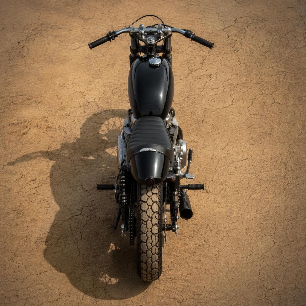 Vintage motocykl stylu cafe racer z 50.–60. let, černá nádrž, pohled shora, pouštní pláň.
