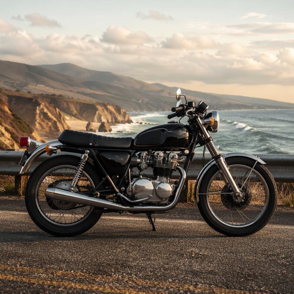 1970s black-tank standard motorcycle in clean side profile on a coastal highway, ultra-realistic with cinematic lighting