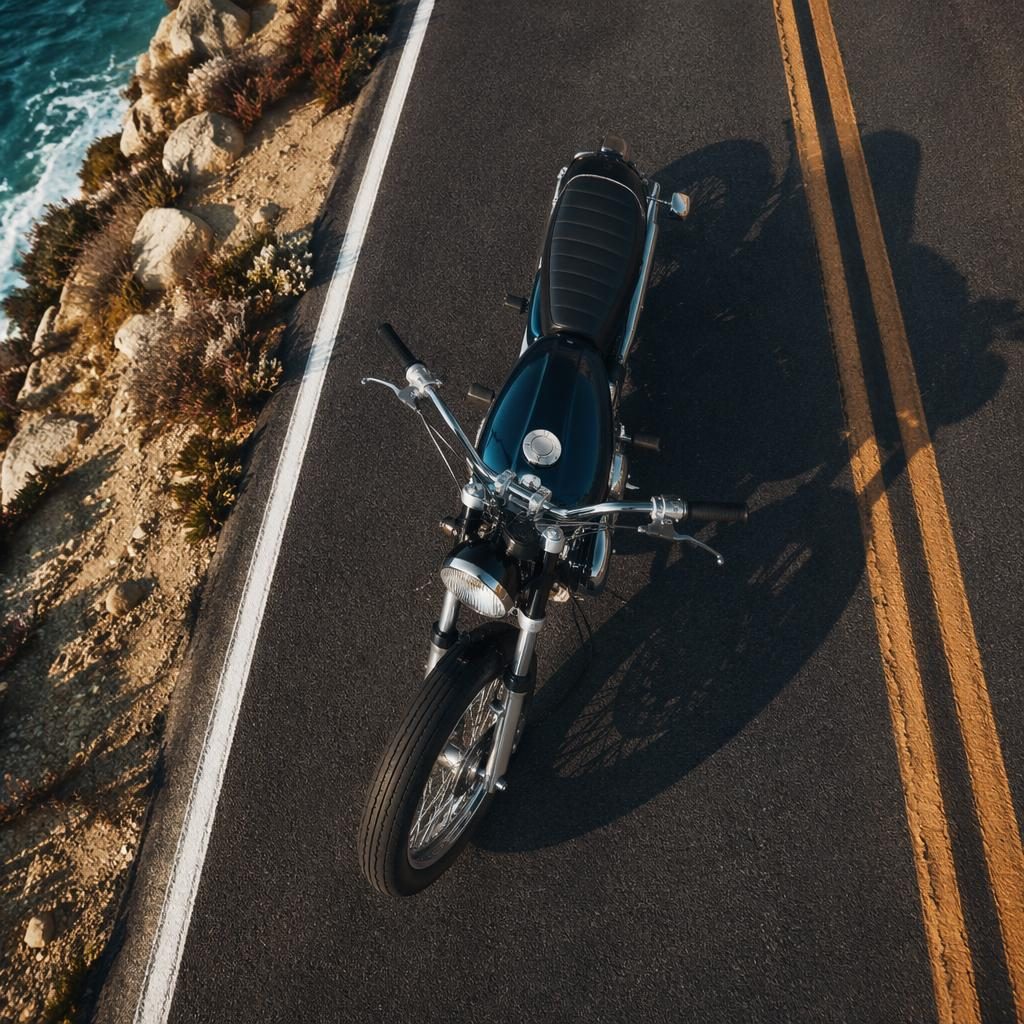 Overhead view of a vintage-style bobber motorcycle with midnight blue tank on a coastal highway at night