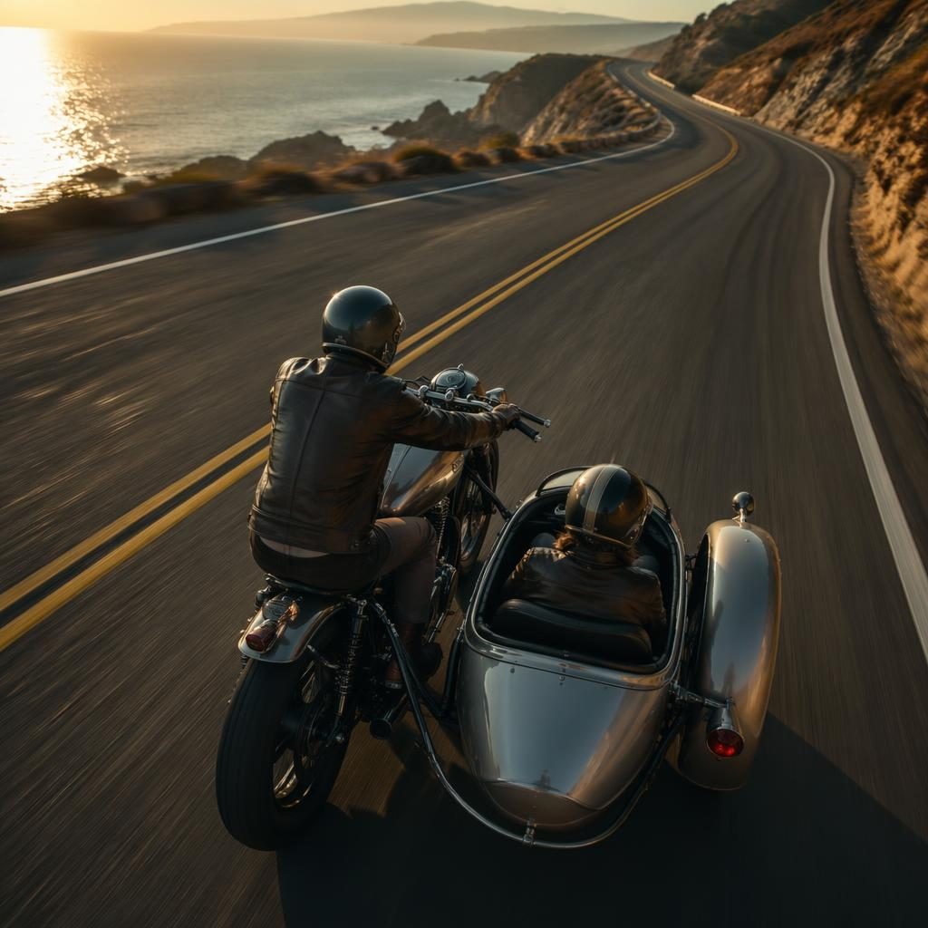 Overhead view of a retro-futurist silver sidecar tourer on a coastal highway with cinematic lighting.