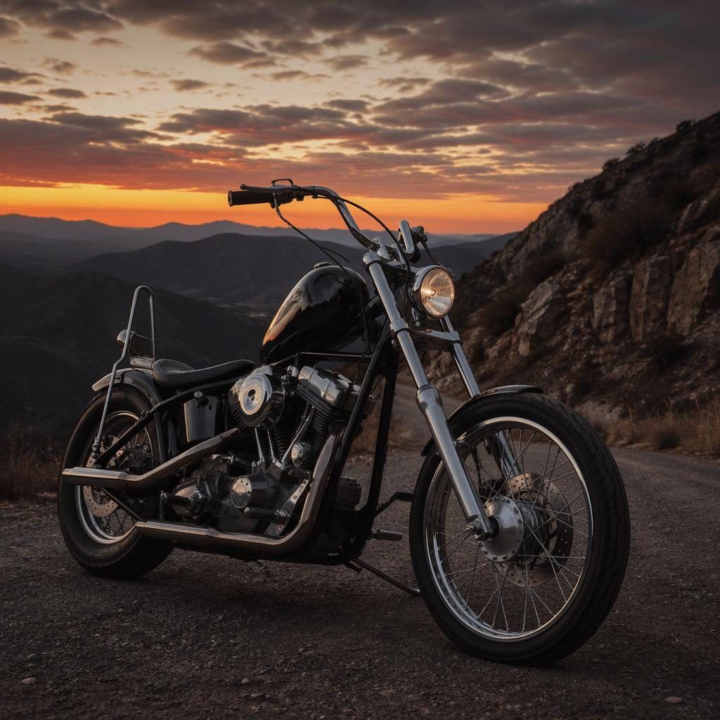 Black vintage-style standard motorcycle on a mountain road at dusk, shown from a three-quarter front angle