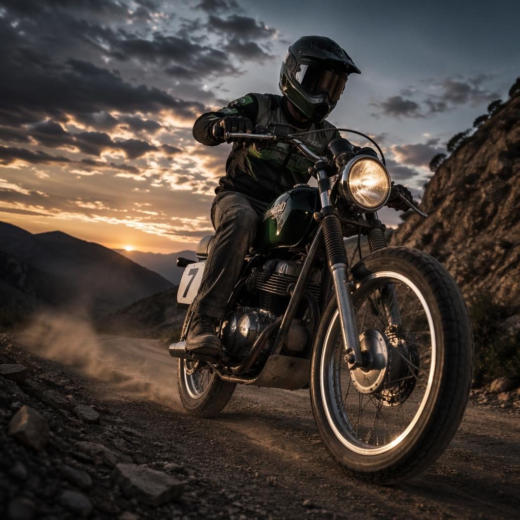 Ultra-realistic vintage enduro motorcycle with green tank on a mountain road at dusk, low-angle cinematic view