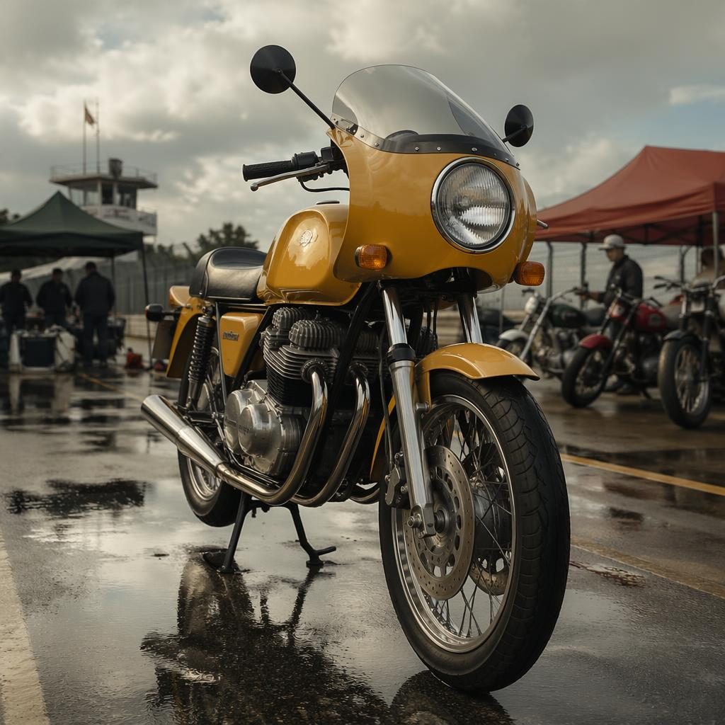 Ultra-realistic 1970s sport touring scooter motorcycle with mustard yellow tank in a race paddock, front three-quarter view