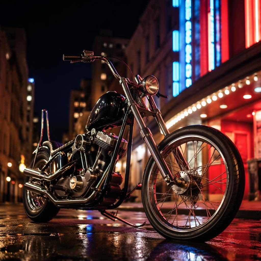 Low-angle ultra-realistic vintage chopper motorcycle with black tank on a neon-lit urban street at night