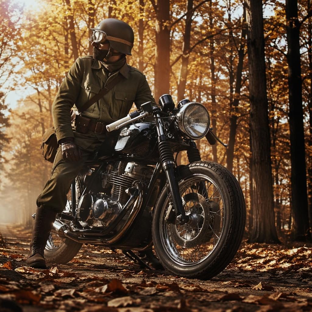 Černý motocykl ve stylu cafe racer z 50. let, focený z nízkého úhlu v podzimním lese, s filmovým světlem.