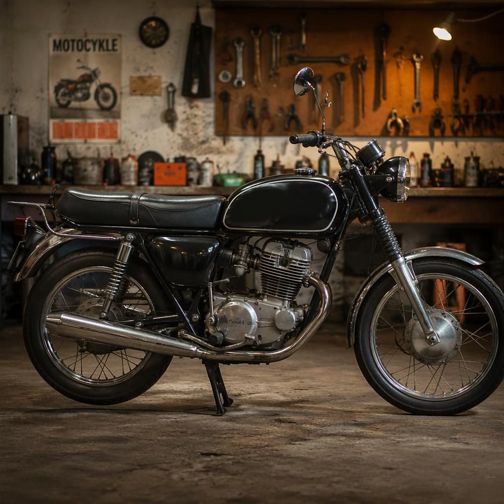 Czarny klasyczny motocykl z lat 70. sfotografowany z boku w warsztatowym garażu, w realistycznym stylu retro.