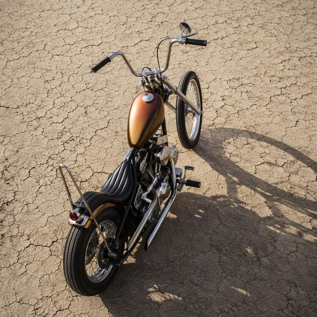 Overhead view of a vintage-style chopper motorcycle with copper tank on desert flats, lit like a cinematic poster.