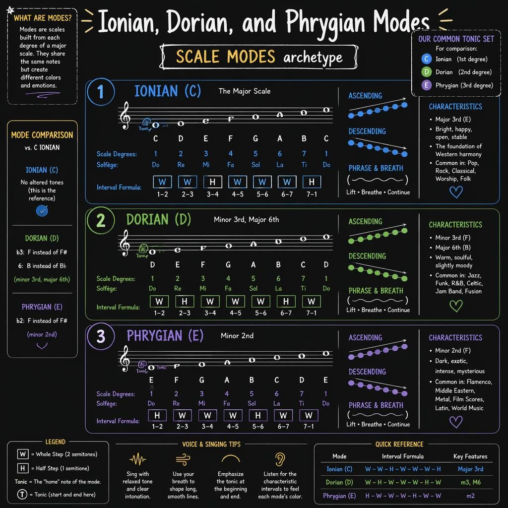 Dark chalk-style music theory infographic comparing Ionian, Dorian, and Phrygian modes with staff notation and intervals.