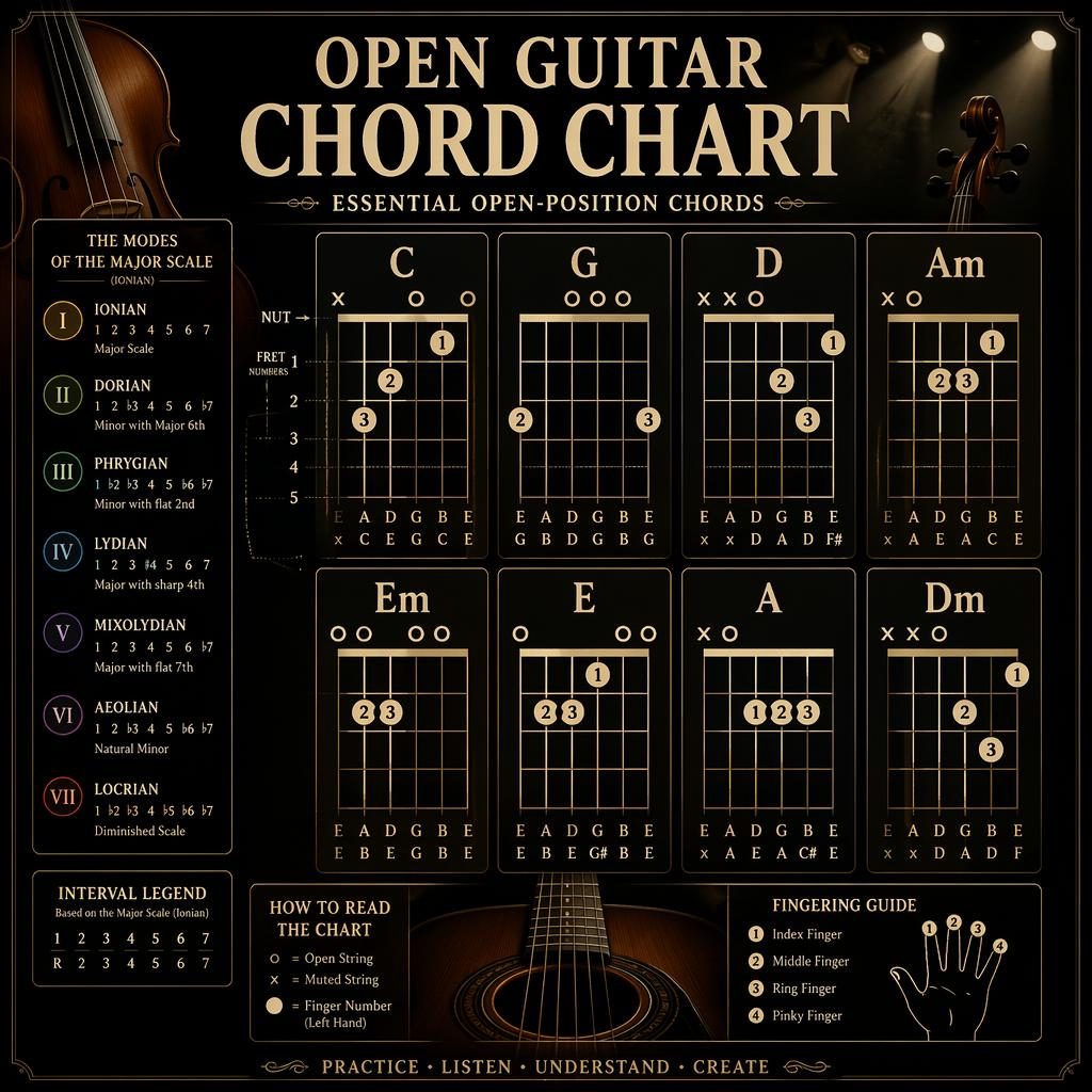 Infographie sombre avec tableau des accords de guitare ouverts, diagrammes C G D Am Em E A Dm et repères de doigtés.