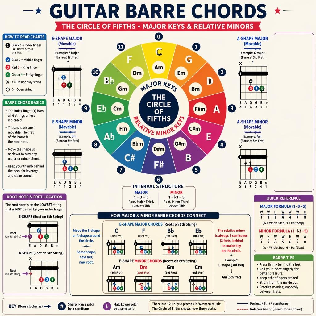 Music theory infographic with a circle of fifths, major and relative minor keys, plus guitar barre chord diagrams.