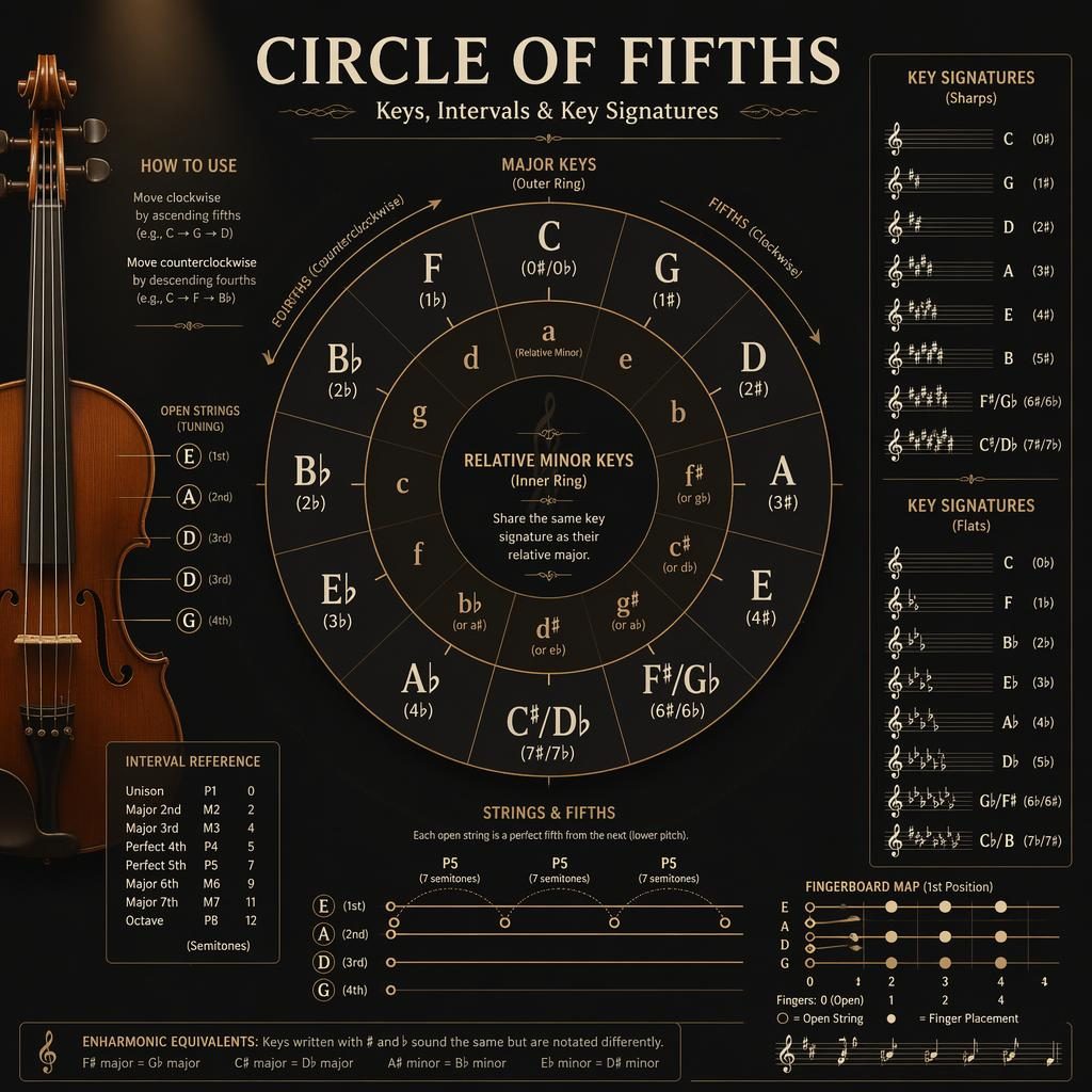 Dark music theory infographic showing a circle of fifths diagram with violin accents, key signatures, and treble clef callouts.