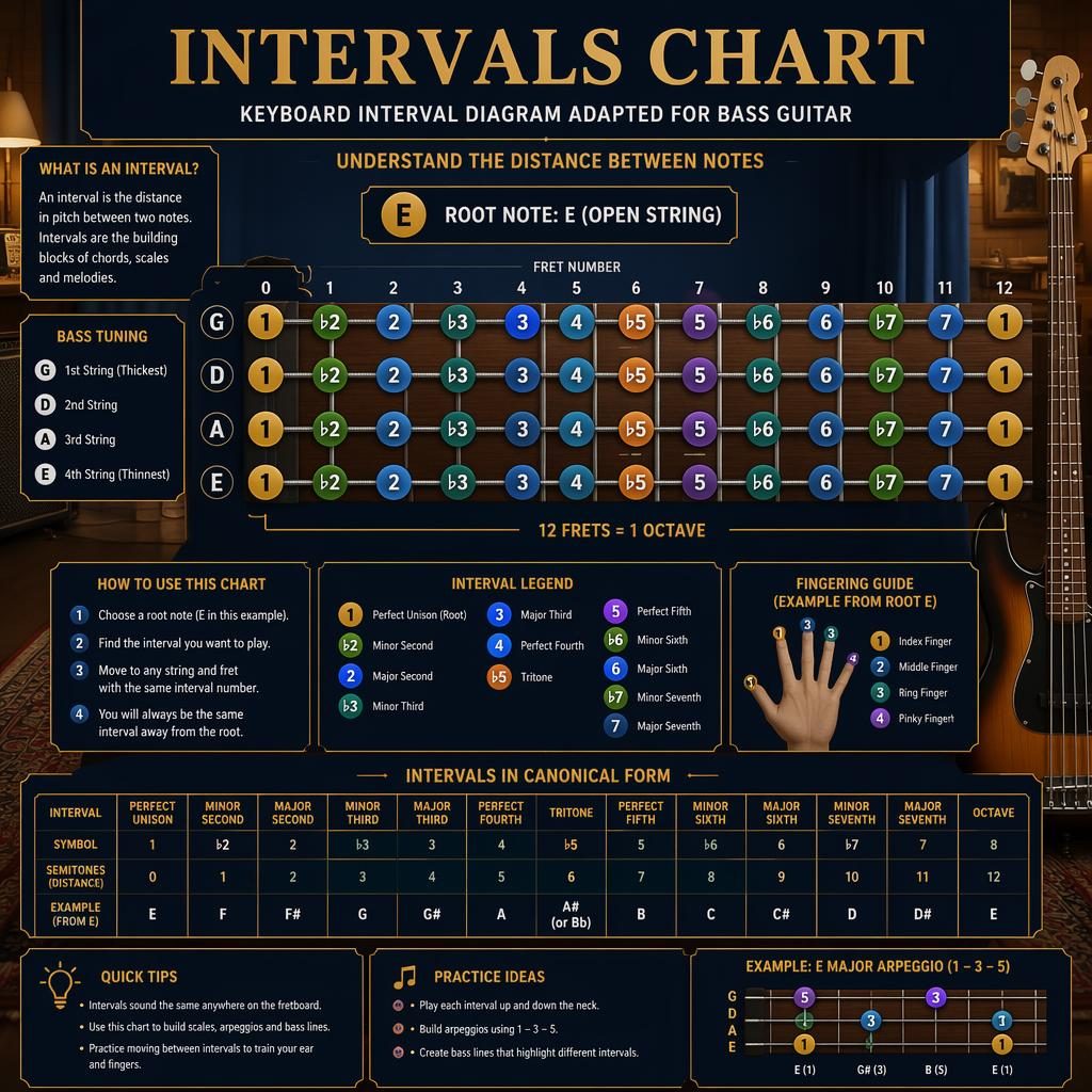Music theory infographic showing a bass guitar intervals chart on a 4-string fretboard in a warm wooden practice room.