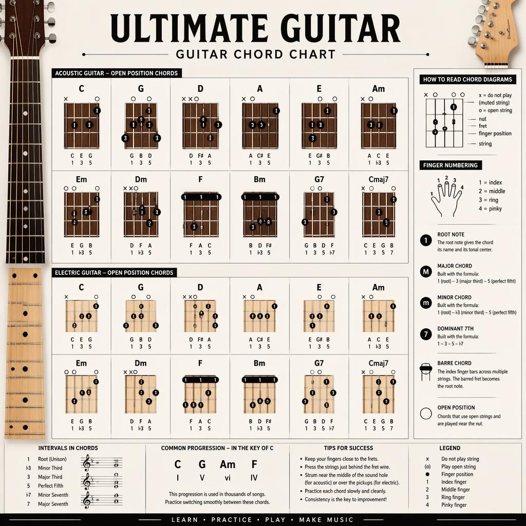Infographic met gitaar akkoordenschema’s, akoestische en elektrische hals, fretborddiagrammen en muziektheorie-labels.